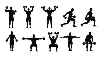 Silhouettes of people exercising with dumbbells and performing various fitness activities