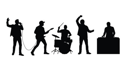 Silhouettes of a band performing live on stage with instruments