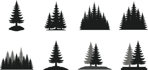 Black pine tree silhouettes set with coniferous forest elements and evergreen spruce icons isolated on white background for nature landscape design © MdAnowarHossain