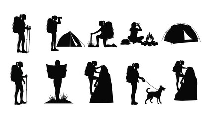 Silhouette illustrations depicting various outdoor activities like hiking camping and dog walking