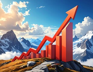 Upward-trending graph with red arrow overlay and mountain background