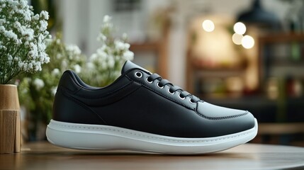 Black leather sneaker with white sole minimalist design fashion footwear product shot