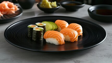 Salmon sushi and maki rolls vibrant japanese cuisine photography