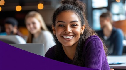 Smiling young woman working on laptop in bright room