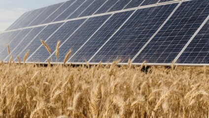Solar Panels in Golden Wheat Field on a Sunny Day.