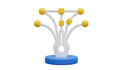 Abstract 3D graphic of a stylized pen nib with nodes