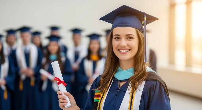 Happy female graduate proudly holds a rolled diploma while standing before her classmates