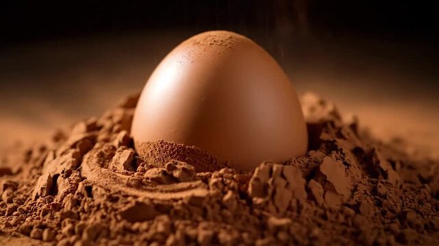egg in warm soil closeup with brown shell partially buried in dirt
