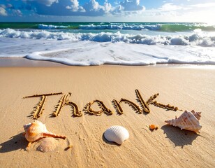Thank" written on sand at beach; shells, waves, and sun create scenic shot