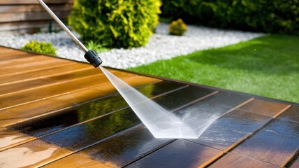 Close-up view of wooden deck being cleaned with a high-pressure washer, water spraying and creating droplets