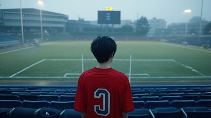 Person in red jersey at empty soccer stadium misty daytime