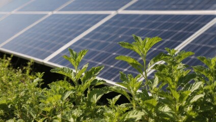 Solar Panels in Lush Greenery Under Sunlight.