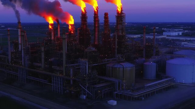 Oil Refinery at Dusk with Flaring Towers &ndash; Industrial Plant and Fire Smoke in Purple Sky
