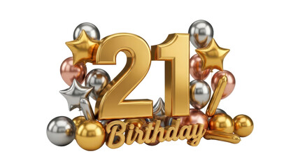 Golden 21st Birthday Celebration 3D Render with Festive Balloons and Stars isolated PNG with Transparent Background