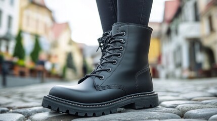Black leather lace up boots on cobblestone street fashion footwear photography