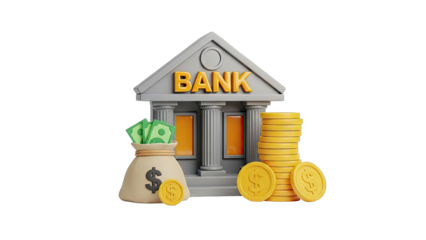 3D Render Bank Building with Money Bag and Coins