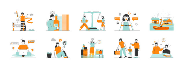 Fototapeta premium Social issues illustrations set. Flat vector illustration.