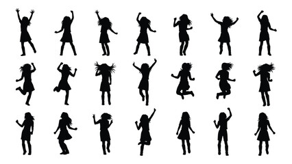 Silhouettes of people jumping and dancing in various energetic poses