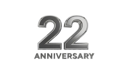 Isolated 3D Silver Metallic Number 22 Anniversary Graphic isolated PNG with Transparent Background