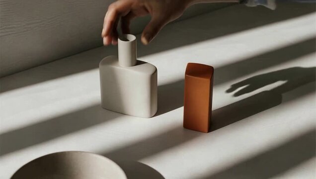 Hand placing object on minimalist surface