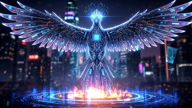 Futuristic phoenix rising amidst a neon cityscape