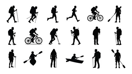 Silhouettes of people engaged in various outdoor recreational activities