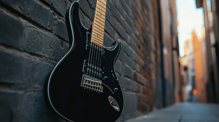 Black electric guitar leaning against brick wall in urban setting