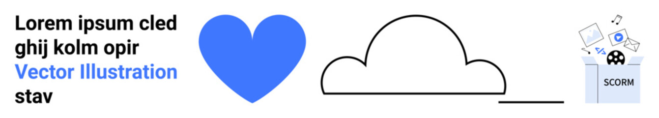 E-learning, digital education, cloud storage, SCORM content, multimedia resources, graphic design. Blue heart, outline of a cloud and SCORM multimedia icon. E-learning and digital education concept