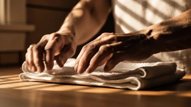 Person folding laundry on a wooden table on a sunny day with natural light