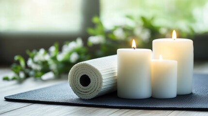 Yoga mat and candles serene wellness scene health and tranquility concept