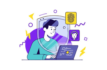 Personal data protection concept with man behind shield and biometric fingerprint icon