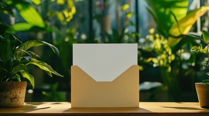 Blank white card in envelope green plants background sunlight