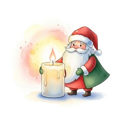 Obraz premium Santa Claus and Candlelit Glow: A festive illustration of Santa Claus, radiating holiday warmth as he lights a grand candle, creating an atmosphere of cozy cheer and festive anticipation.
