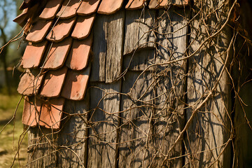 A weathered wooden wall with faded red shingles is covered in tangled dry vines casting shadows in warm sunlight creating a rustic and abandoned outdoor atmosphere