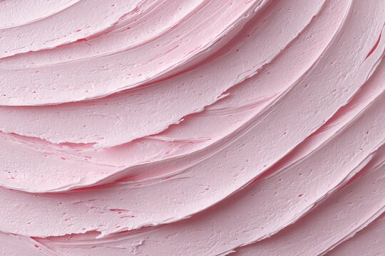 Creamy pink frosting swirls on cake surface, close-up texture background