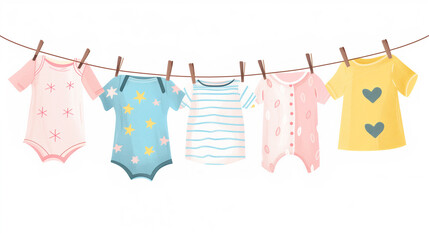 Flat vector illustration of laundry hanging on a clothesline in soft pastel colors on white background