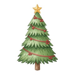 Obraz premium Festive Christmas Tree: a charming illustration captures the holiday spirit with a detailed Christmas tree adorned with ornaments and a golden star, perfect for seasonal designs.