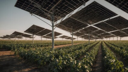 Solar Panels Over Lush Green Crops in an Agricultural Field at Sunset.