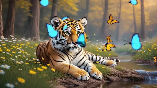 Majestic tiger resting by serene forest stream with butterflies