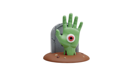 Green zombie hand with eyeball emerging from the ground next to a tombstone