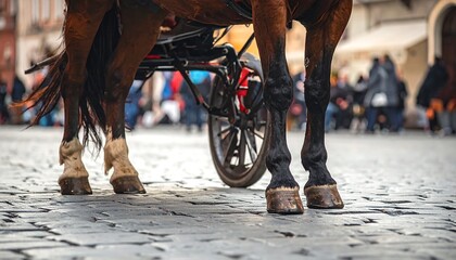 Close-up of a horse-drawn carriage's legs and hooves on cobblestone. The focus is on the equine's powerful stance and textured ground