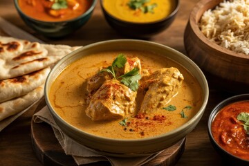 Rich creamy chicken curry with naan and rice on wooden table creamy sauce naan bread