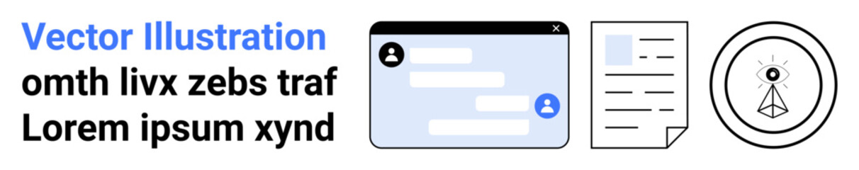 Obraz premium Communication technology, digital correspondence, information exchange, data sharing, user interface, and visual design. Chat interface, document icon and stylized eye figure. Communication