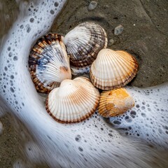 Close-up of five varied seashells nestled within frothy ocean waves on sandy shore. Varying shell patterns and colors, texture
