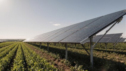 Solar Panels Over Rows of Crops in an Agricultural Field.