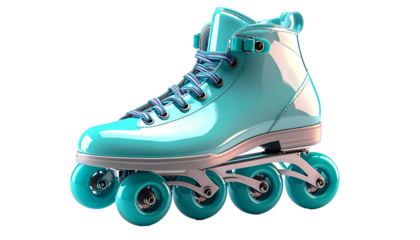Glossy teal roller skate against black background, well-lit