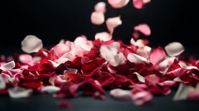 Vibrant red, pink, and white rose petals gracefully fall and scatter on a dark surface