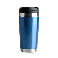 A sleek blue travel tumbler with a black lid and a stainless steel band.