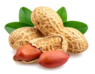 Group of peanuts, some shelled revealing two red kernels, with bright green leaves
