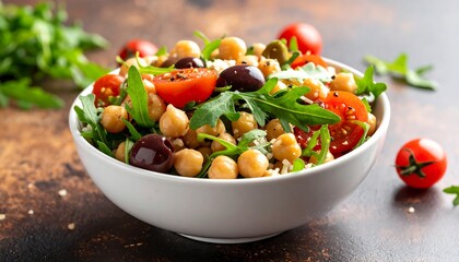 Close-up of a white bowl overflowing with a colorful, fresh salad featuring chickpeas, tomatoes, olives, and greens